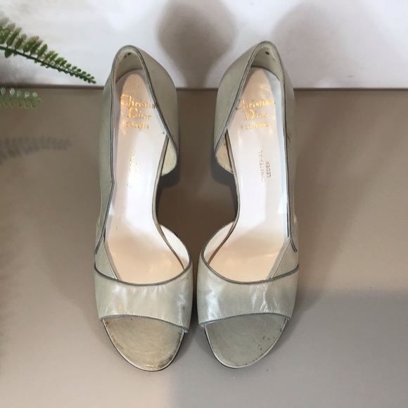 CHRISTIAN DIOR LEATHER TAUPE OPEN TOE VINTAGE HEELS SZ 7.5 - Picture 5 of 8